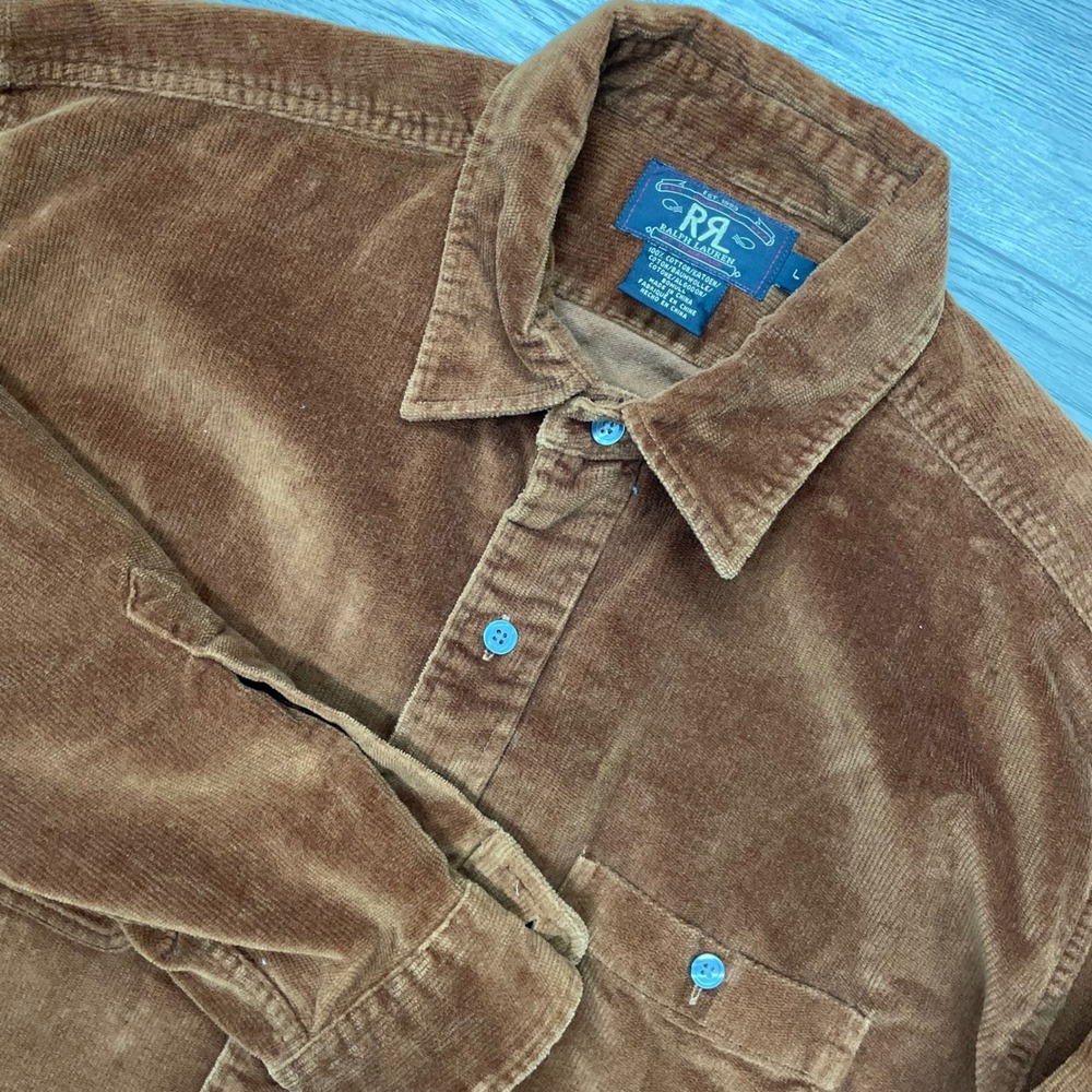 RRL Ralph Lauren Corduroy Shirt Mens L Brown Long Sleeve Button Down Workwear